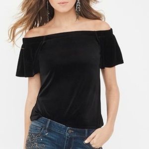 White House Black Market off shoulder black top blouse side gather flattering.